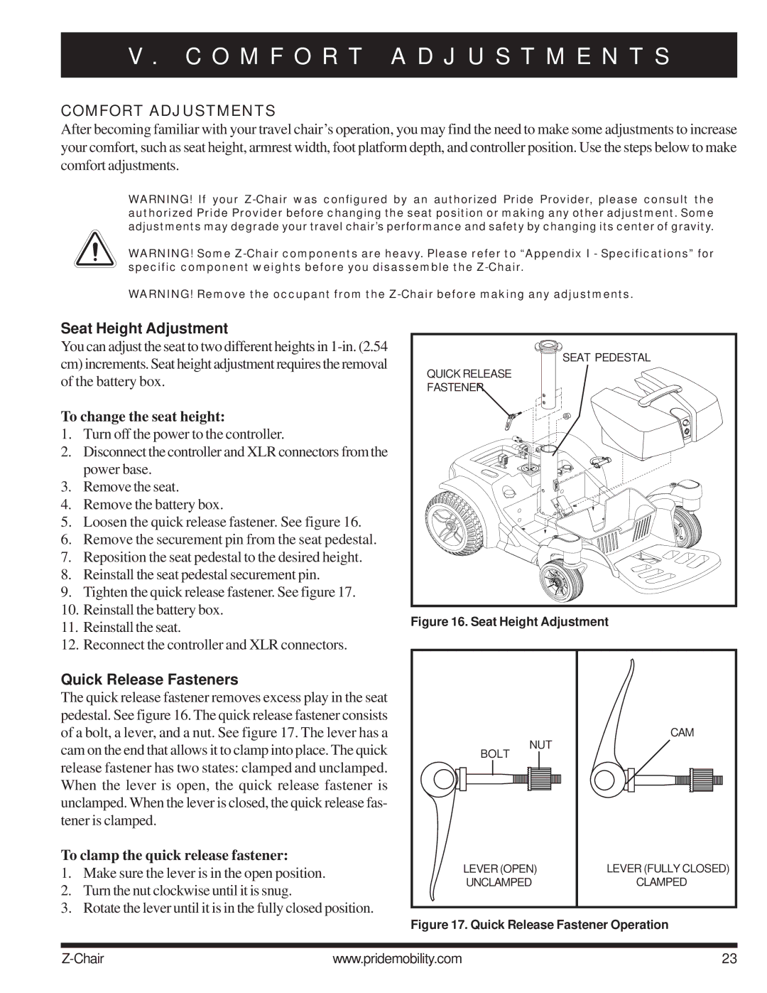 Pride Mobility INFMAN63121 manual O M F O R T a D J U S T M E N T S, Comfort Adjustments, Seat Height Adjustment 