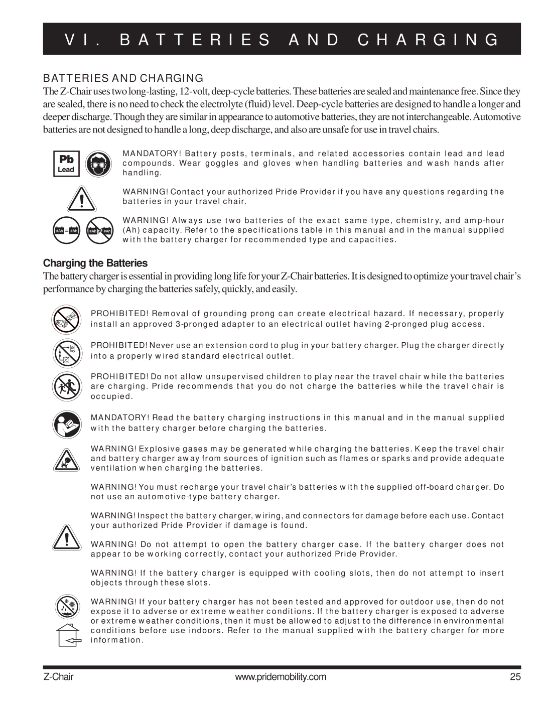 Pride Mobility INFMAN63121 manual B a T T E R I E S a N D C H a R G I N G, Batteries and Charging, Charging the Batteries 