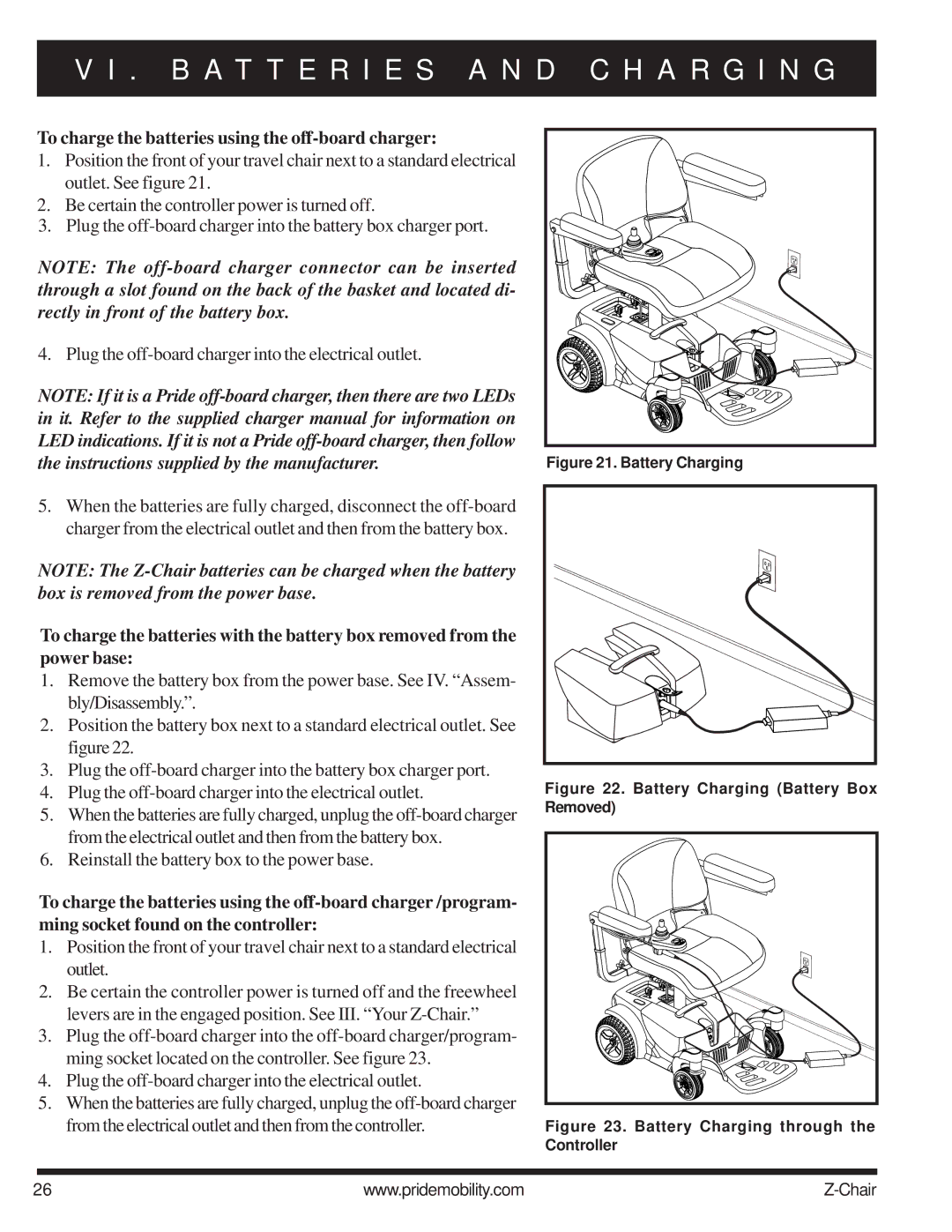 Pride Mobility INFMAN63121 manual Plug the off-board charger into the electrical outlet 