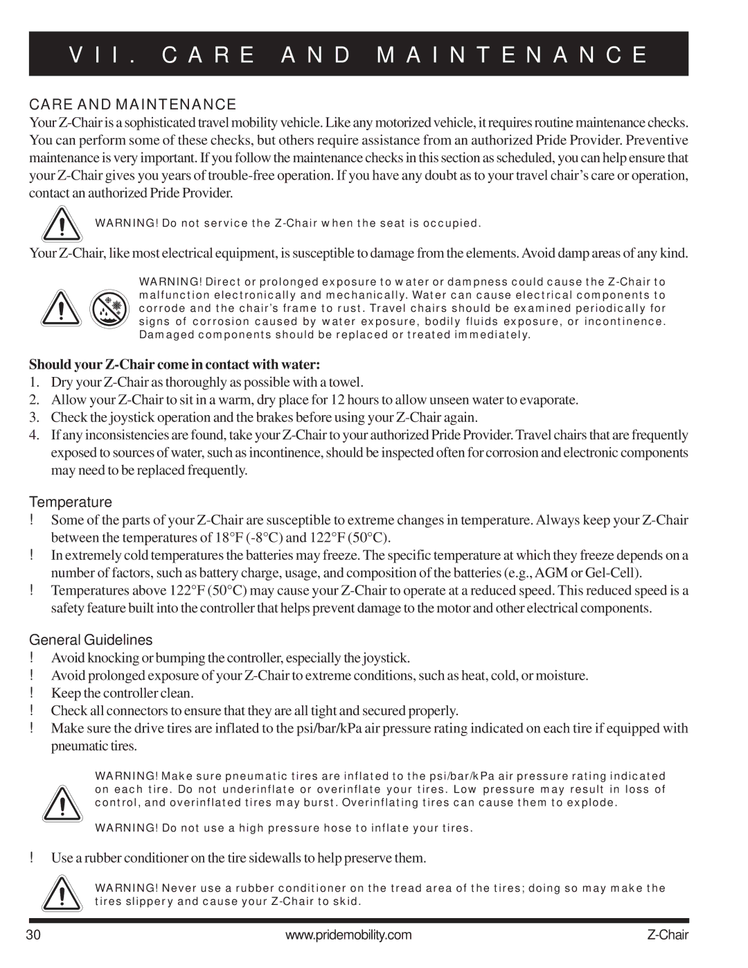 Pride Mobility INFMAN63121 I . C a R E a N D M a I N T E N a N C E, Care and Maintenance, Temperature, General Guidelines 