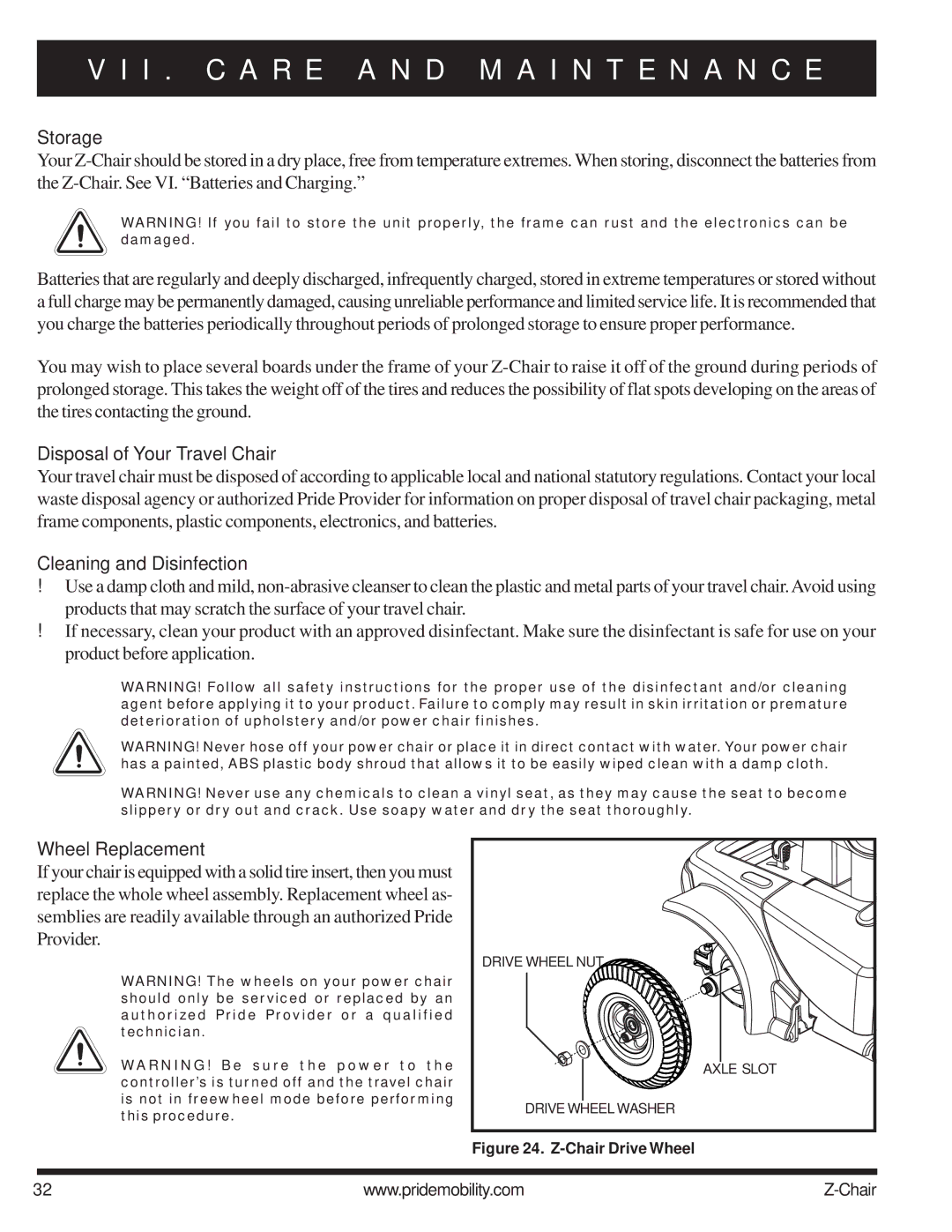 Pride Mobility INFMAN63121 manual Storage, Disposal of Your Travel Chair, Cleaning and Disinfection, Wheel Replacement 