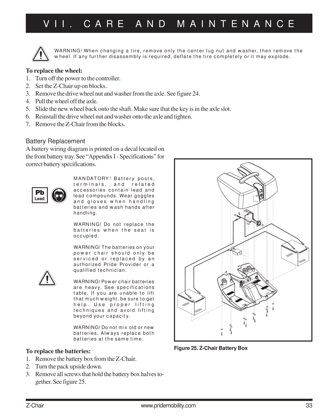 Pride Mobility INFMAN63121 manual To replace the wheel, Battery Replacement 