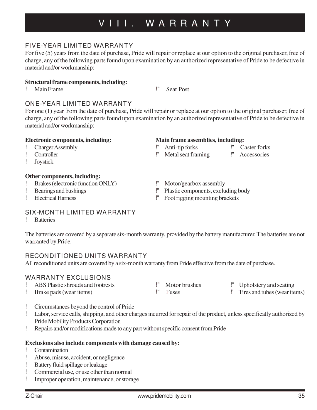 Pride Mobility INFMAN63121 manual I I . W a R R a N T Y 