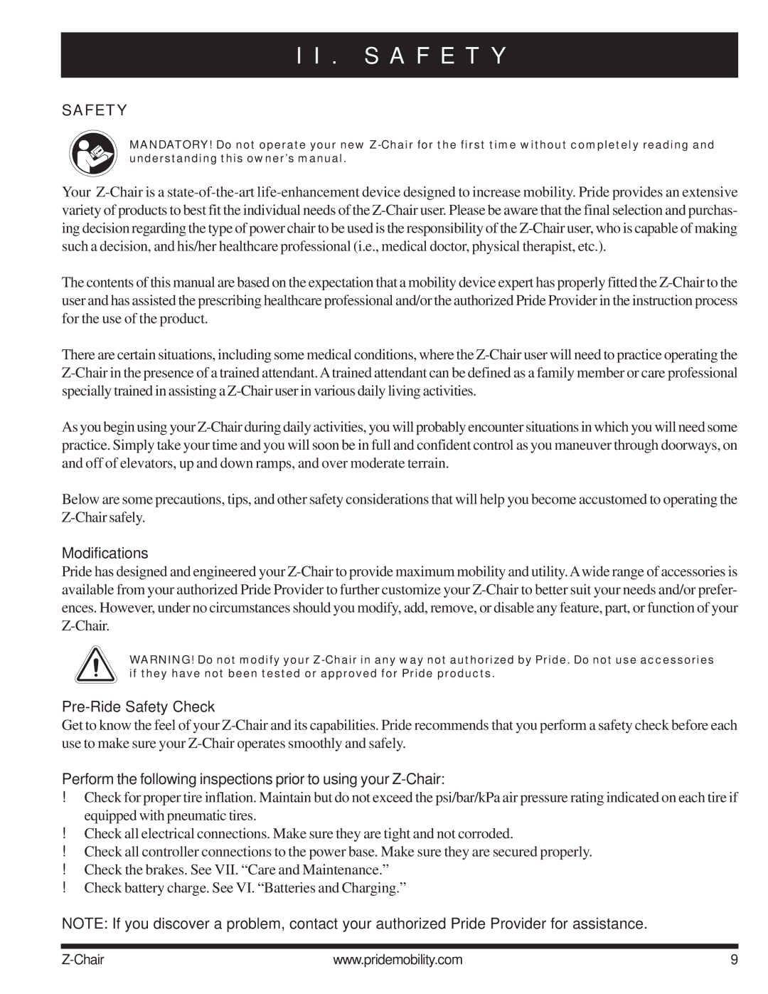 Pride Mobility INFMAN63121 manual Modifications, Pre-Ride Safety Check 