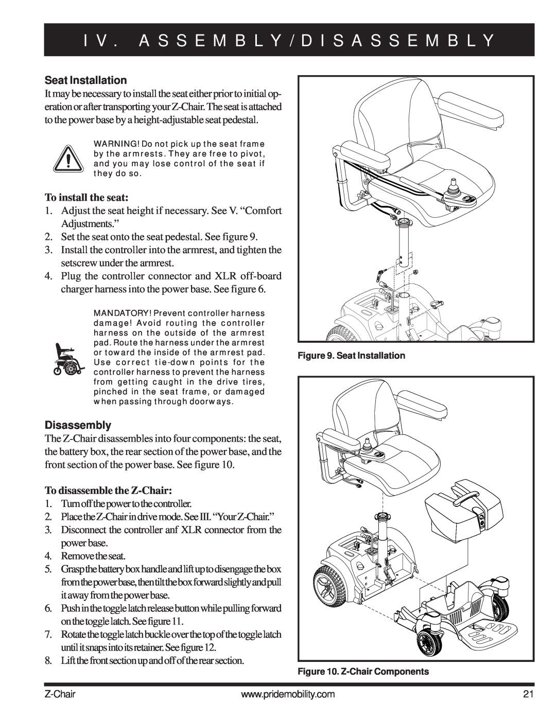 Pride Mobility INFMAN63121 manual Seat Installation, To install the seat, Disassembly, To disassemble the Z-Chair 