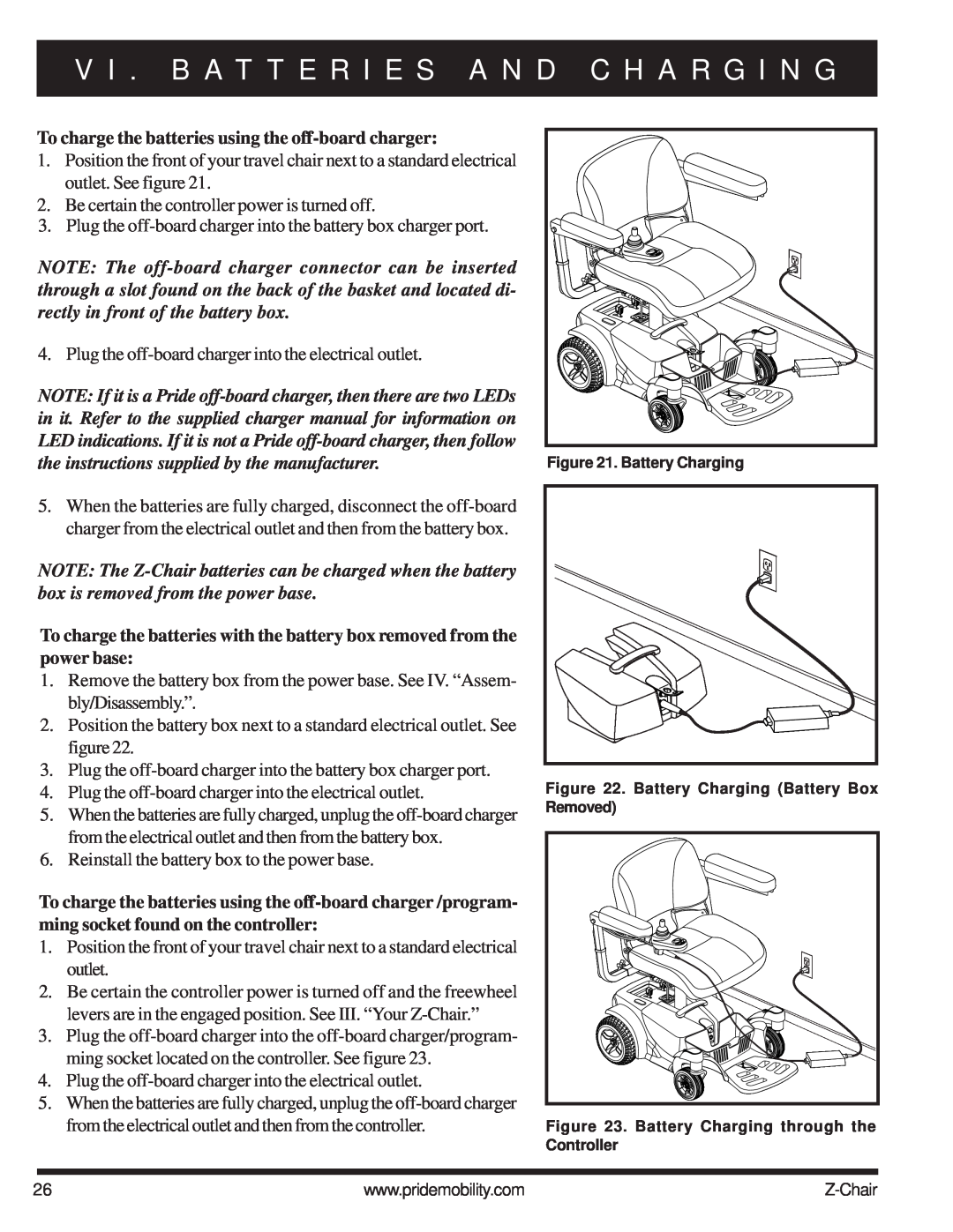 Pride Mobility INFMAN63121 manual To charge the batteries using the off-board charger, outlet. See figure 