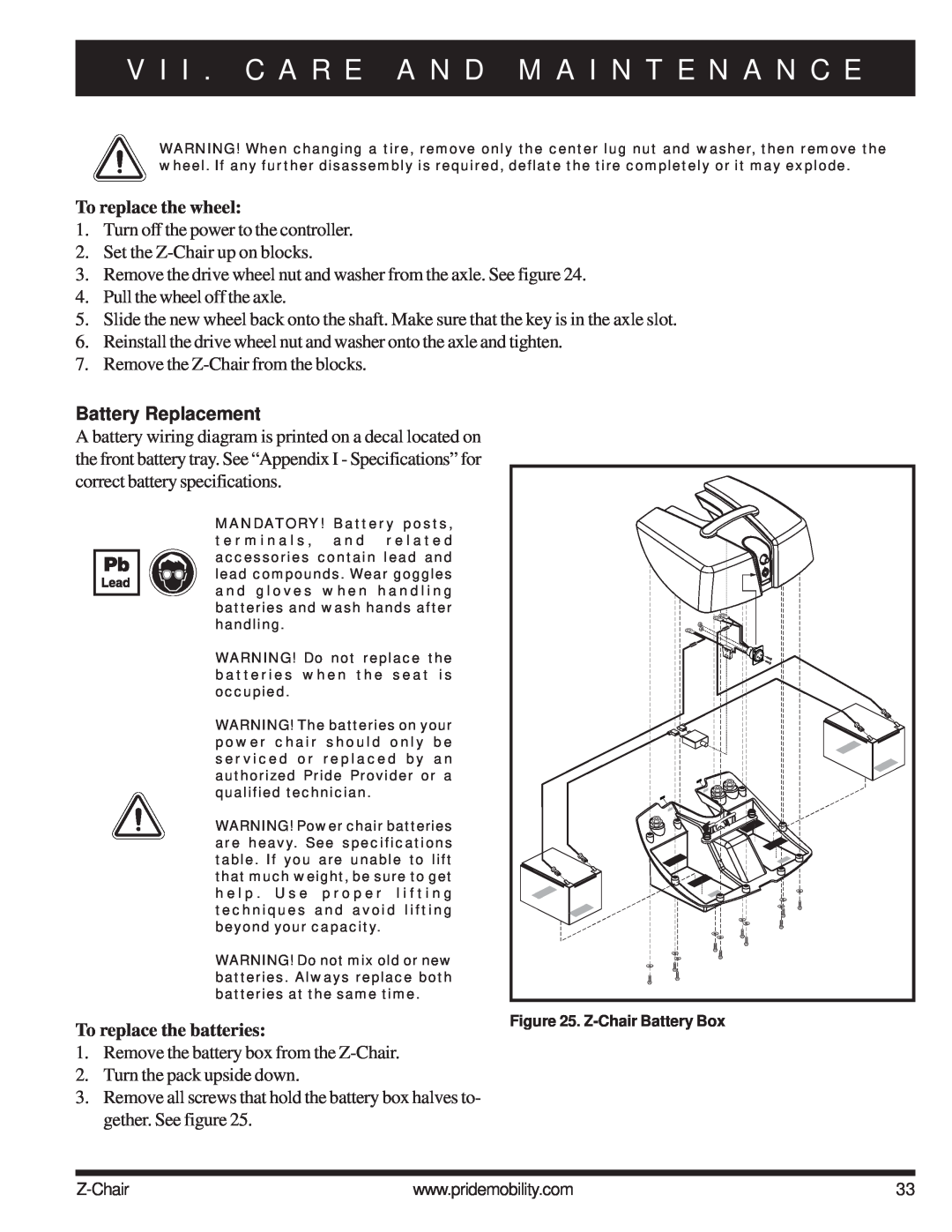Pride Mobility INFMAN63121 manual To replace the wheel, Battery Replacement, To replace the batteries 