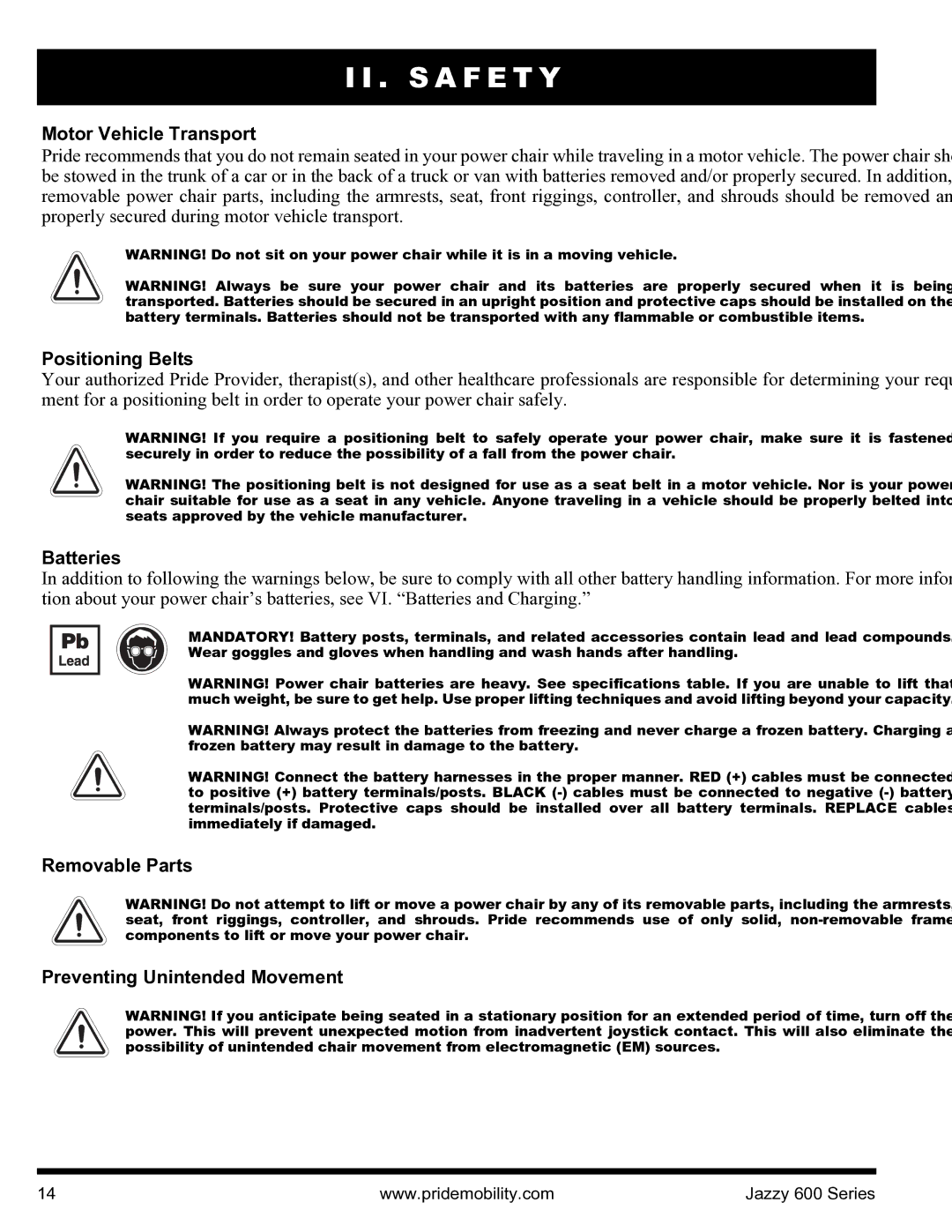 Pride Mobility INFMANJ2828 manual Motor Vehicle Transport, Positioning Belts, Batteries 