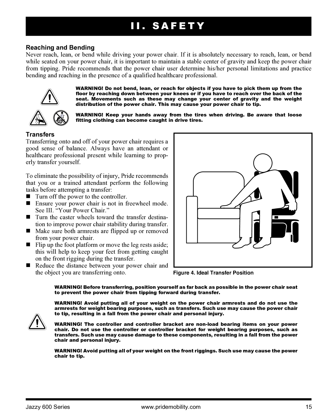 Pride Mobility INFMANJ2828 manual Reaching and Bending, Transfers 