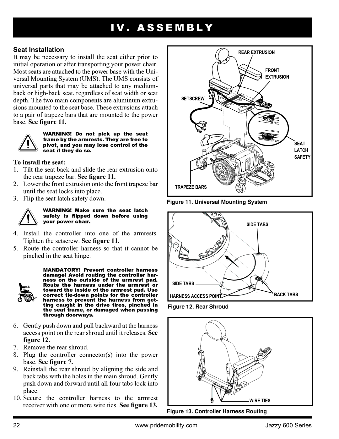 Pride Mobility INFMANJ2828 manual Seat Installation, To install the seat, Base. See figure 