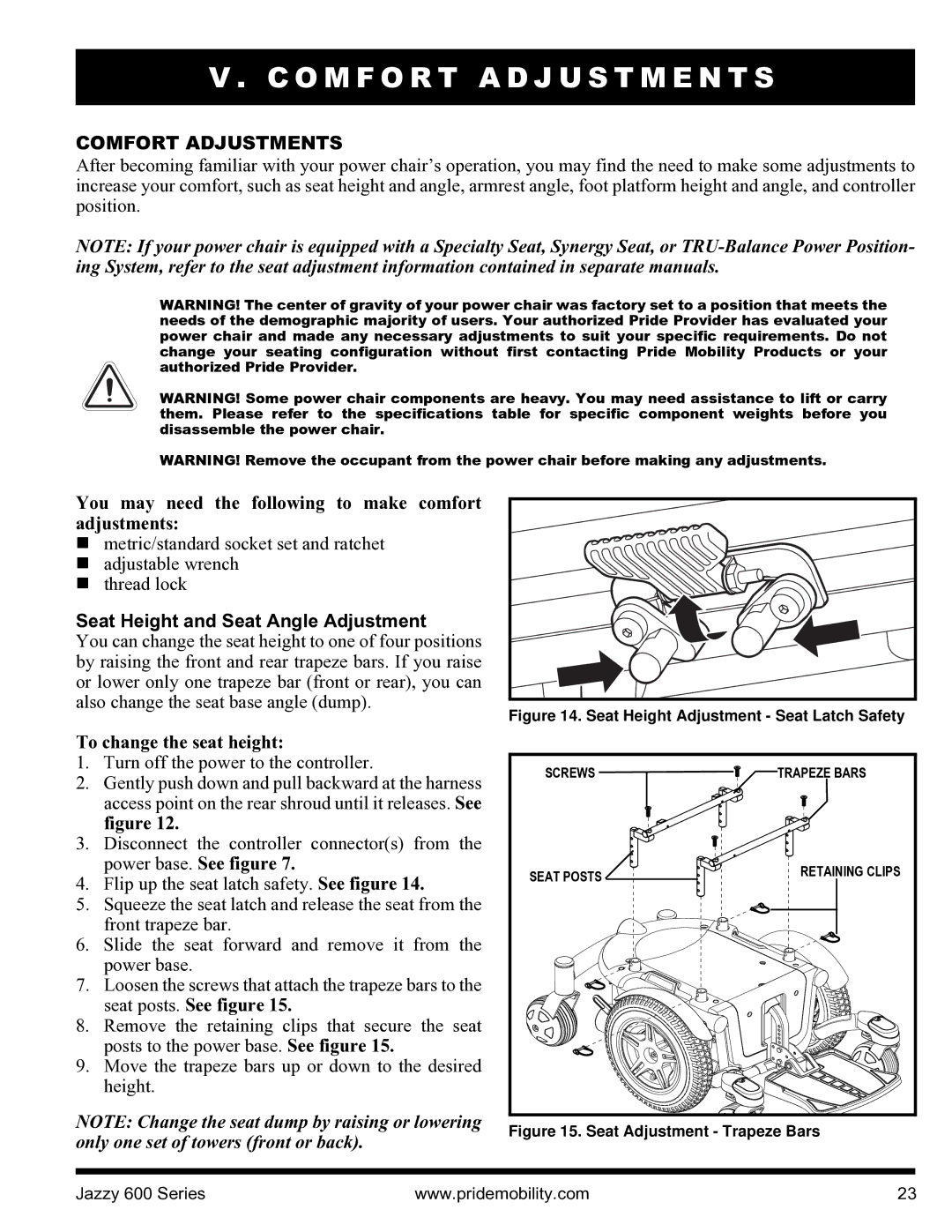 Pride Mobility INFMANJ2828 O M F O R T a D J U S T M E N T S, Comfort Adjustments, Seat Height and Seat Angle Adjustment 