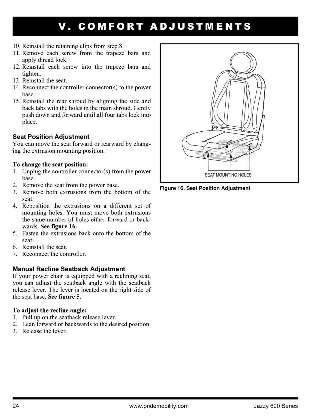 Pride Mobility INFMANJ2828 manual Seat Position Adjustment, To change the seat position, Wards. See figure 