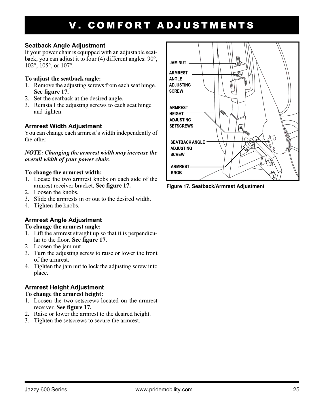 Pride Mobility INFMANJ2828 manual Seatback Angle Adjustment, Armrest Width Adjustment, Armrest Angle Adjustment 