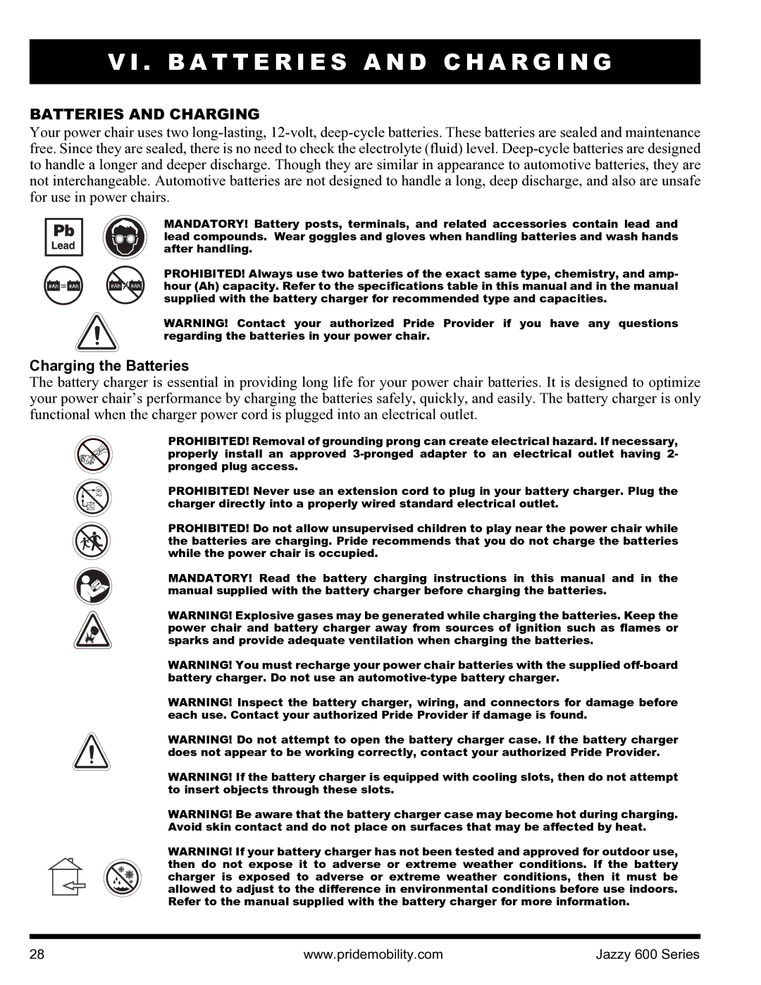 Pride Mobility INFMANJ2828 manual B a T T E R I E S a N D C H a R G I N G, Batteries and Charging, Charging the Batteries 