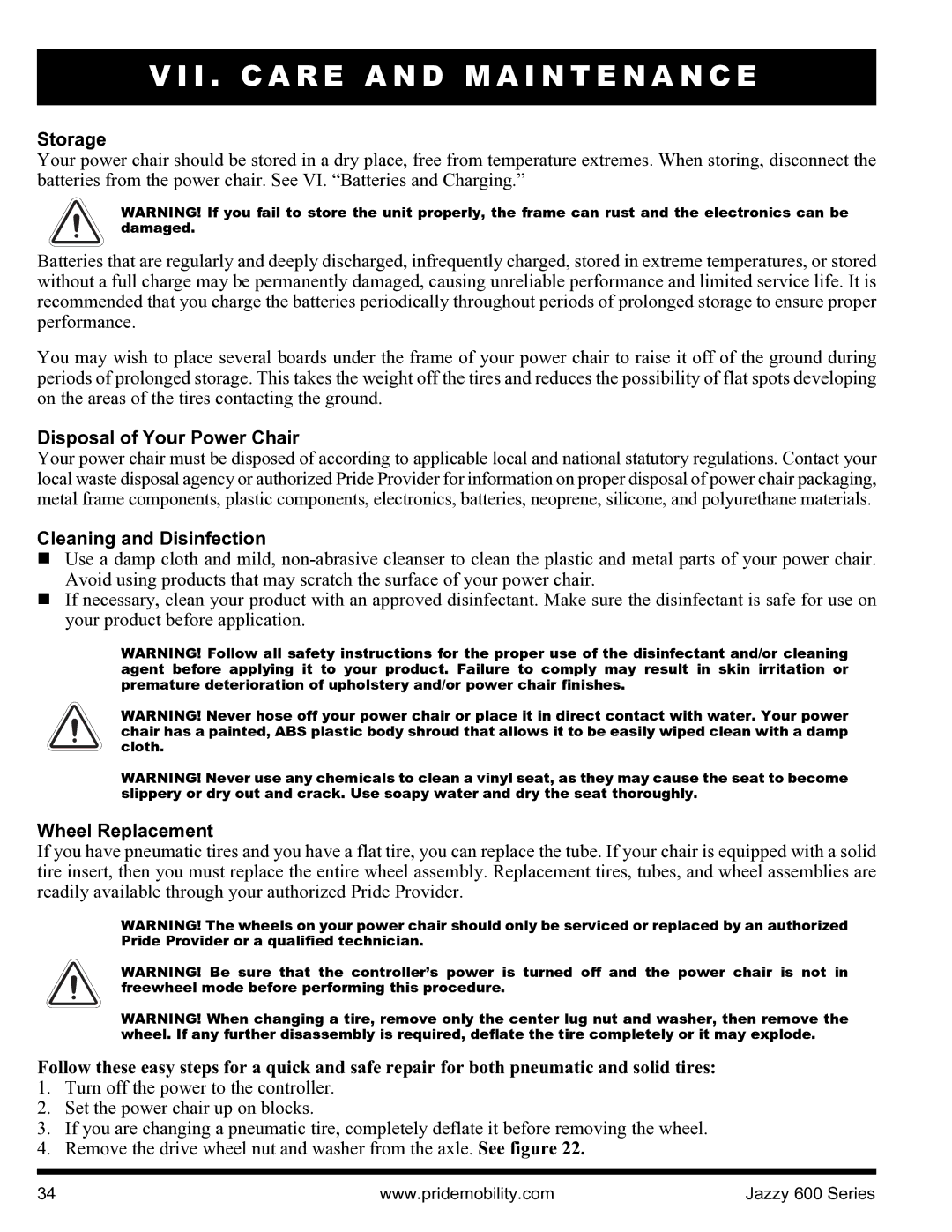 Pride Mobility INFMANJ2828 manual Storage, Disposal of Your Power Chair, Cleaning and Disinfection, Wheel Replacement 