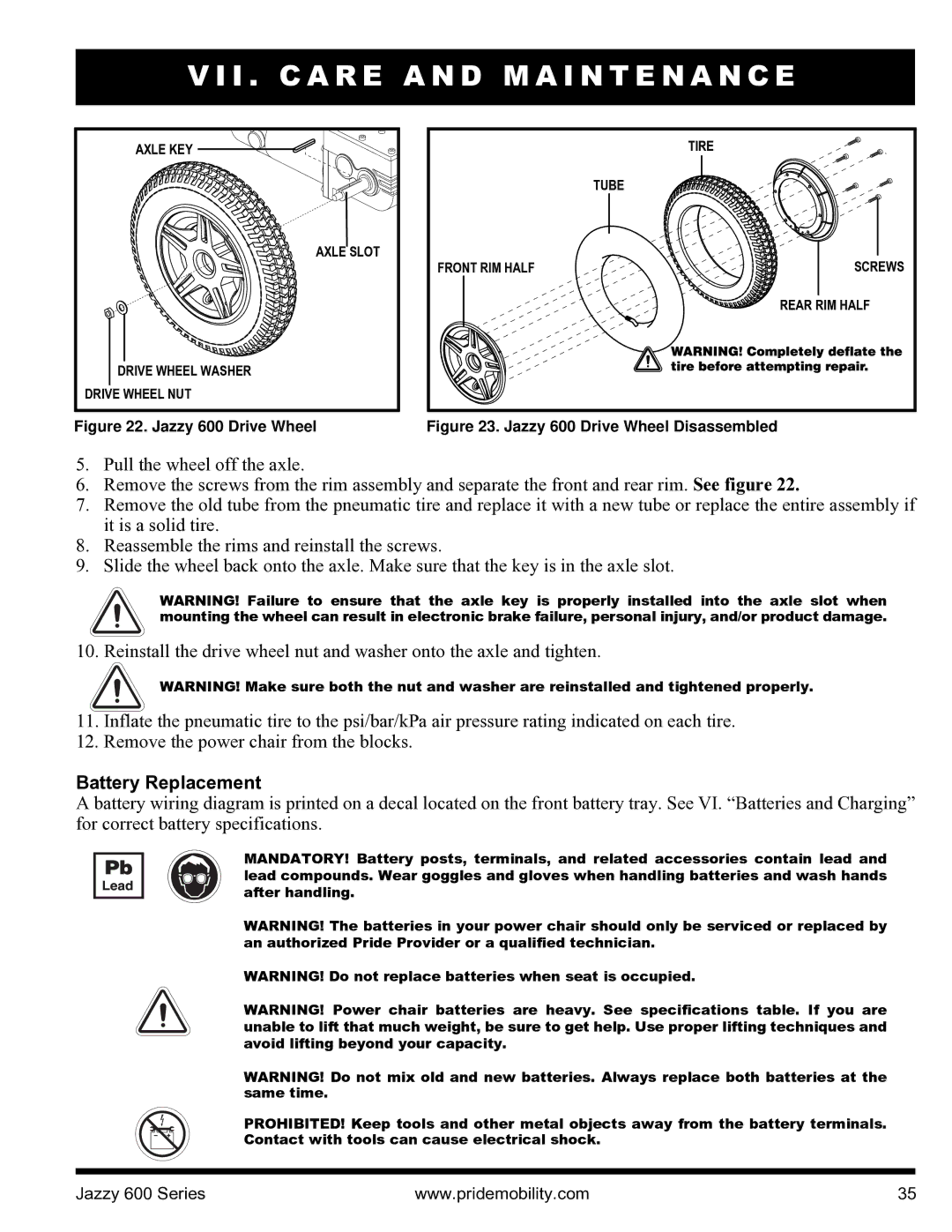 Pride Mobility INFMANJ2828 manual Battery Replacement, Jazzy 600 Drive Wheel 