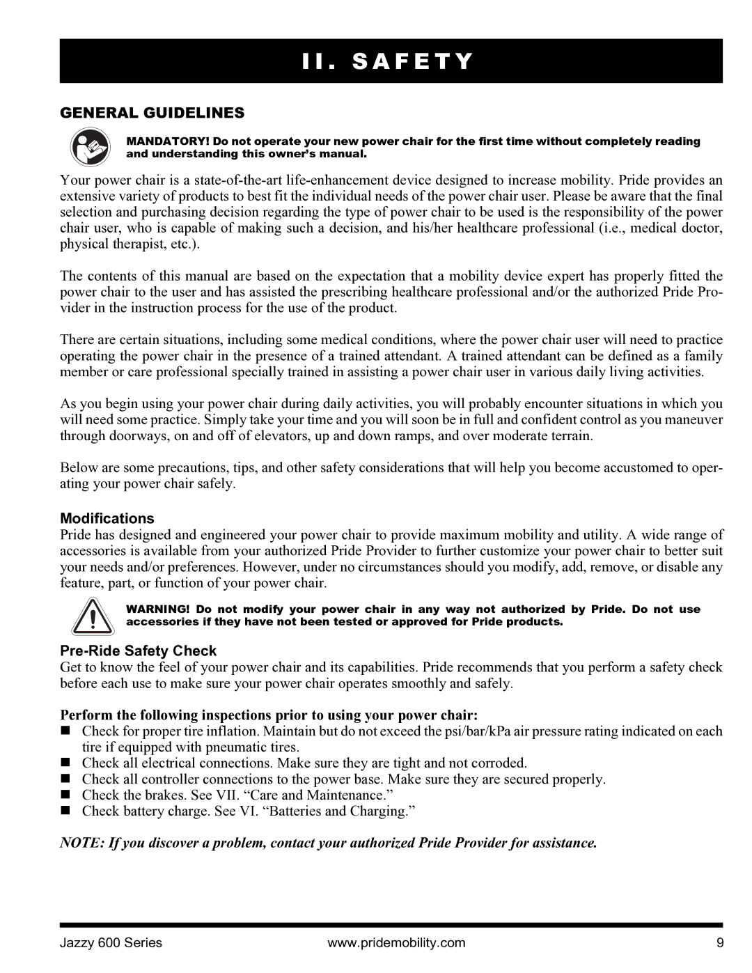 Pride Mobility INFMANJ2828 manual General Guidelines, Modifications, Pre-Ride Safety Check 