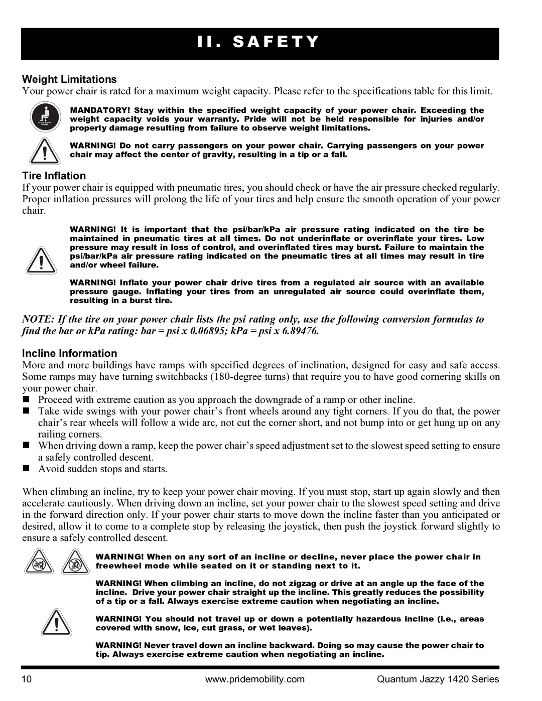 Pride Mobility INFMANU1206 manual Weight Limitations, Tire Inflation, Incline Information 