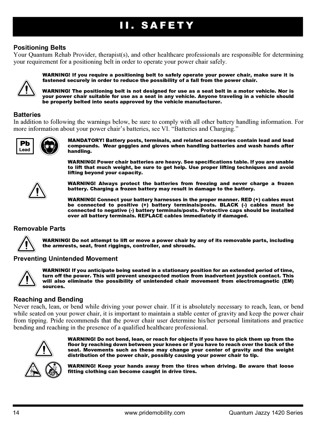 Pride Mobility INFMANU1206 manual Positioning Belts, Batteries 