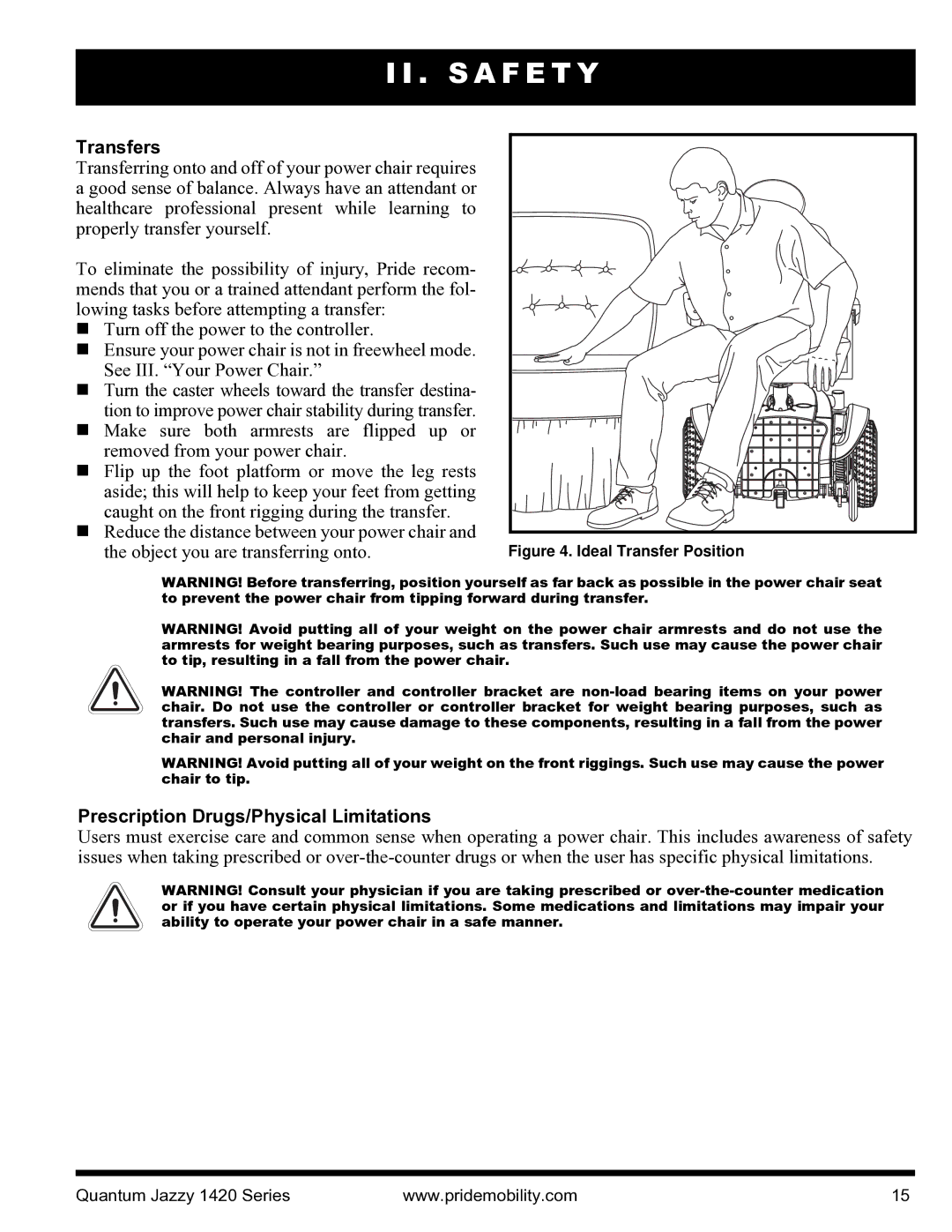 Pride Mobility INFMANU1206 manual Transfers, Prescription Drugs/Physical Limitations 