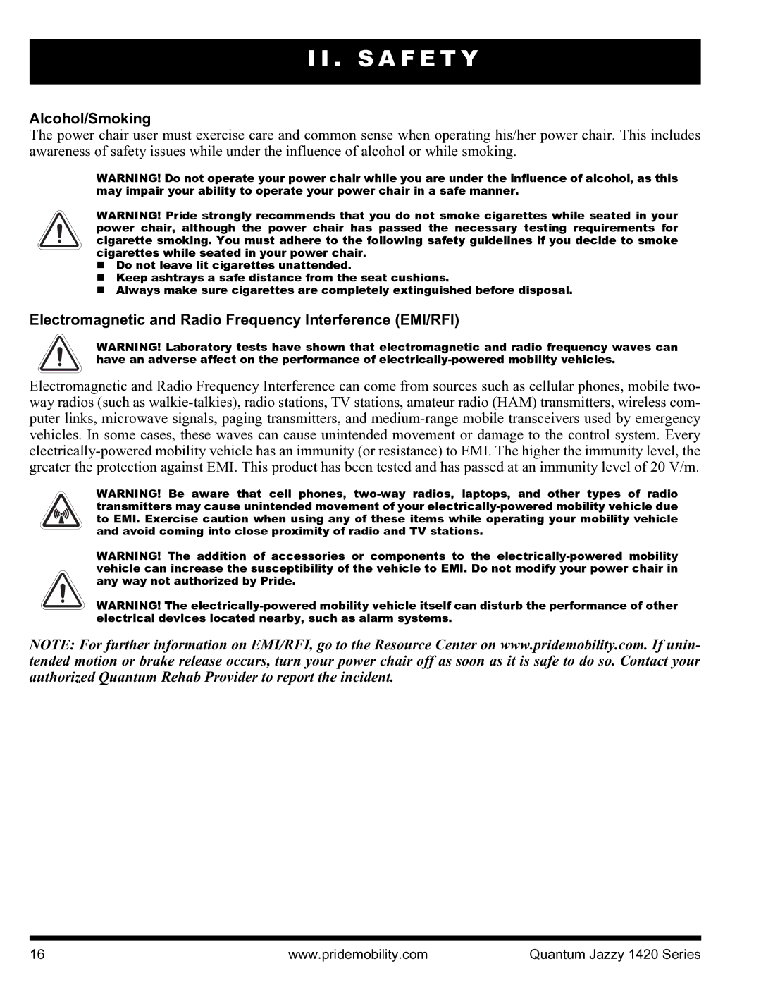 Pride Mobility INFMANU1206 manual Alcohol/Smoking, Electromagnetic and Radio Frequency Interference EMI/RFI 