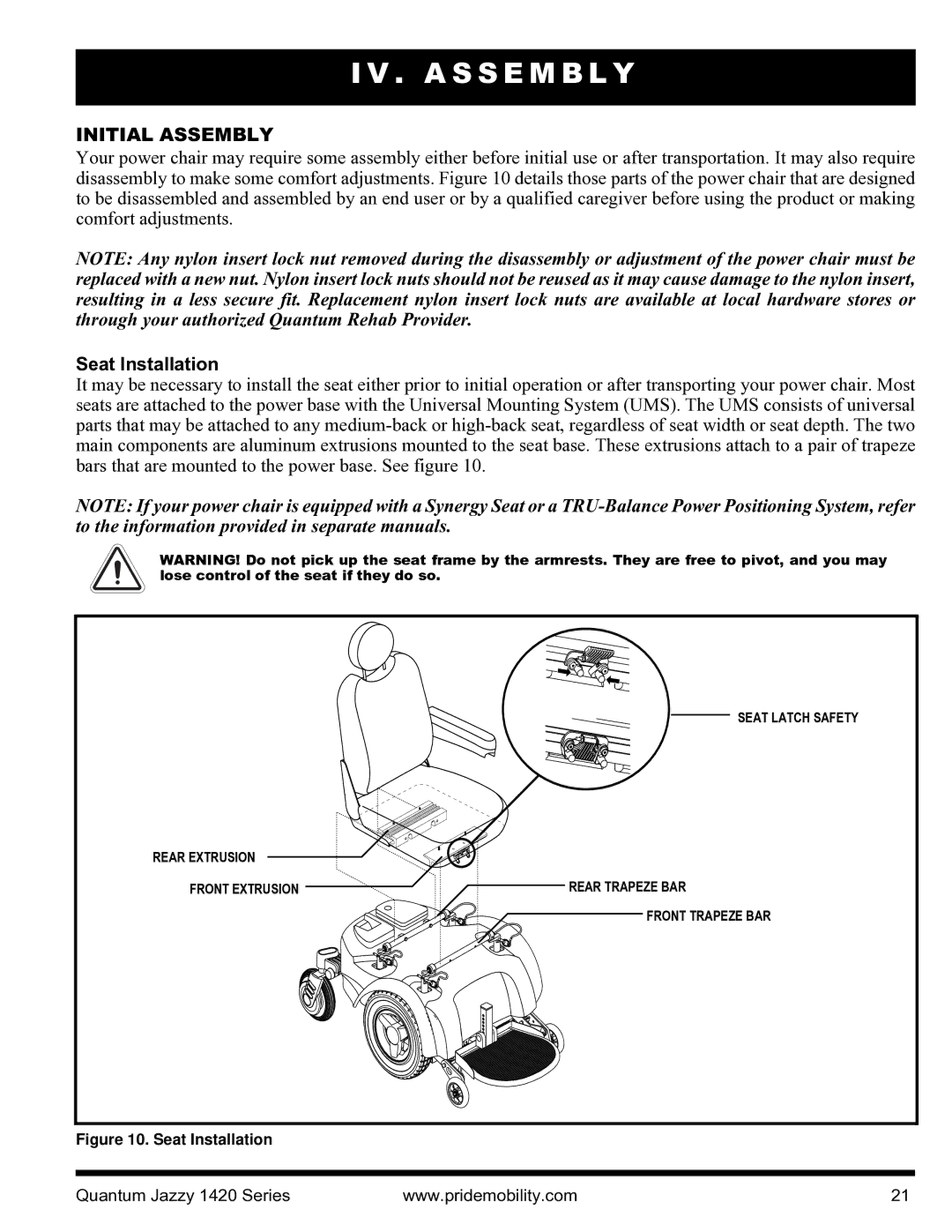 Pride Mobility INFMANU1206 manual A S S E M B L Y, Initial Assembly, Seat Installation 