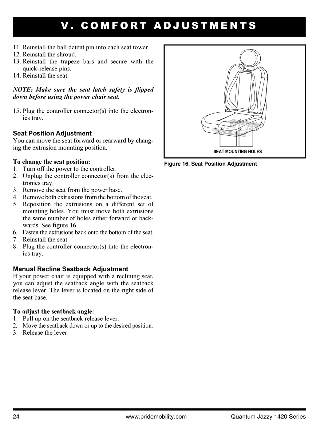 Pride Mobility INFMANU1206 manual Seat Position Adjustment, To change the seat position, Manual Recline Seatback Adjustment 