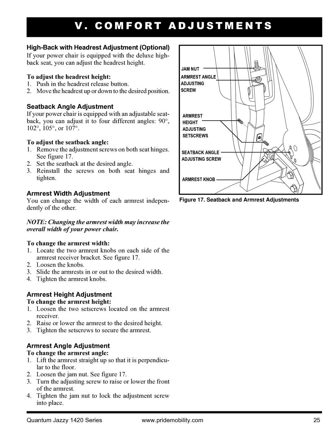 Pride Mobility INFMANU1206 manual High-Back with Headrest Adjustment Optional, Seatback Angle Adjustment 