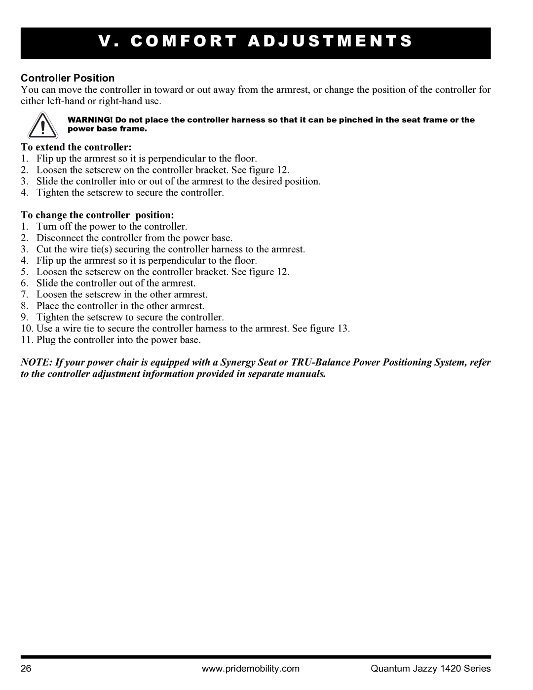 Pride Mobility INFMANU1206 manual Controller Position, To extend the controller, To change the controller position 