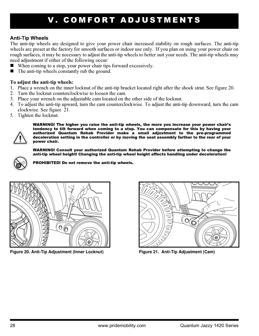 Pride Mobility INFMANU1206 manual Anti-Tip Wheels, To adjust the anti-tip wheels 