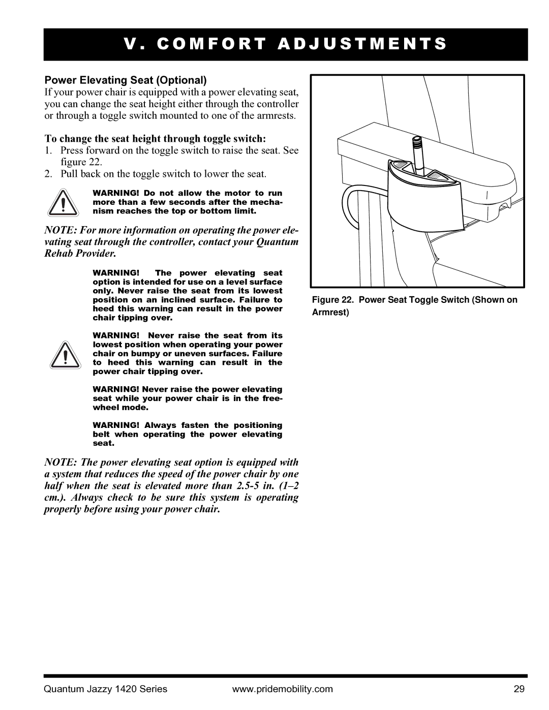 Pride Mobility INFMANU1206 manual Power Elevating Seat Optional, To change the seat height through toggle switch 