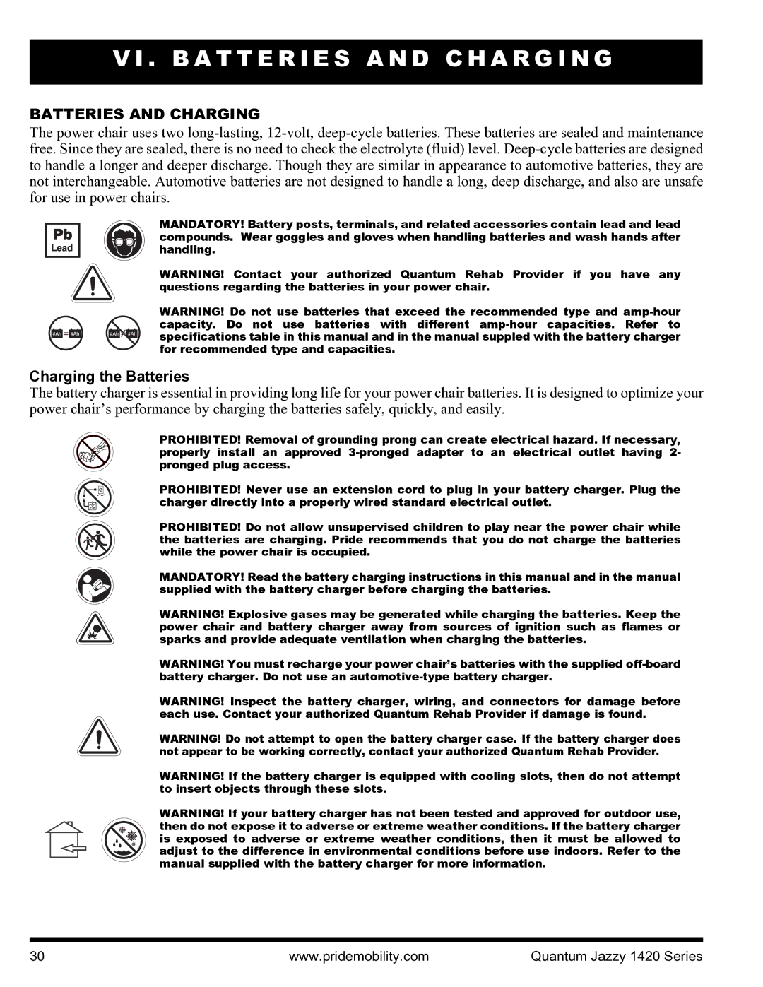 Pride Mobility INFMANU1206 manual B a T T E R I E S a N D C H a R G I N G, Batteries and Charging, Charging the Batteries 