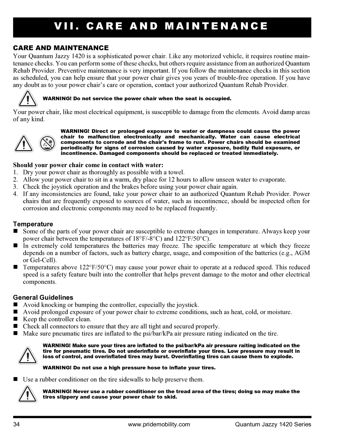 Pride Mobility INFMANU1206 I . C a R E a N D M a I N T E N a N C E, Care and Maintenance, Temperature, General Guidelines 