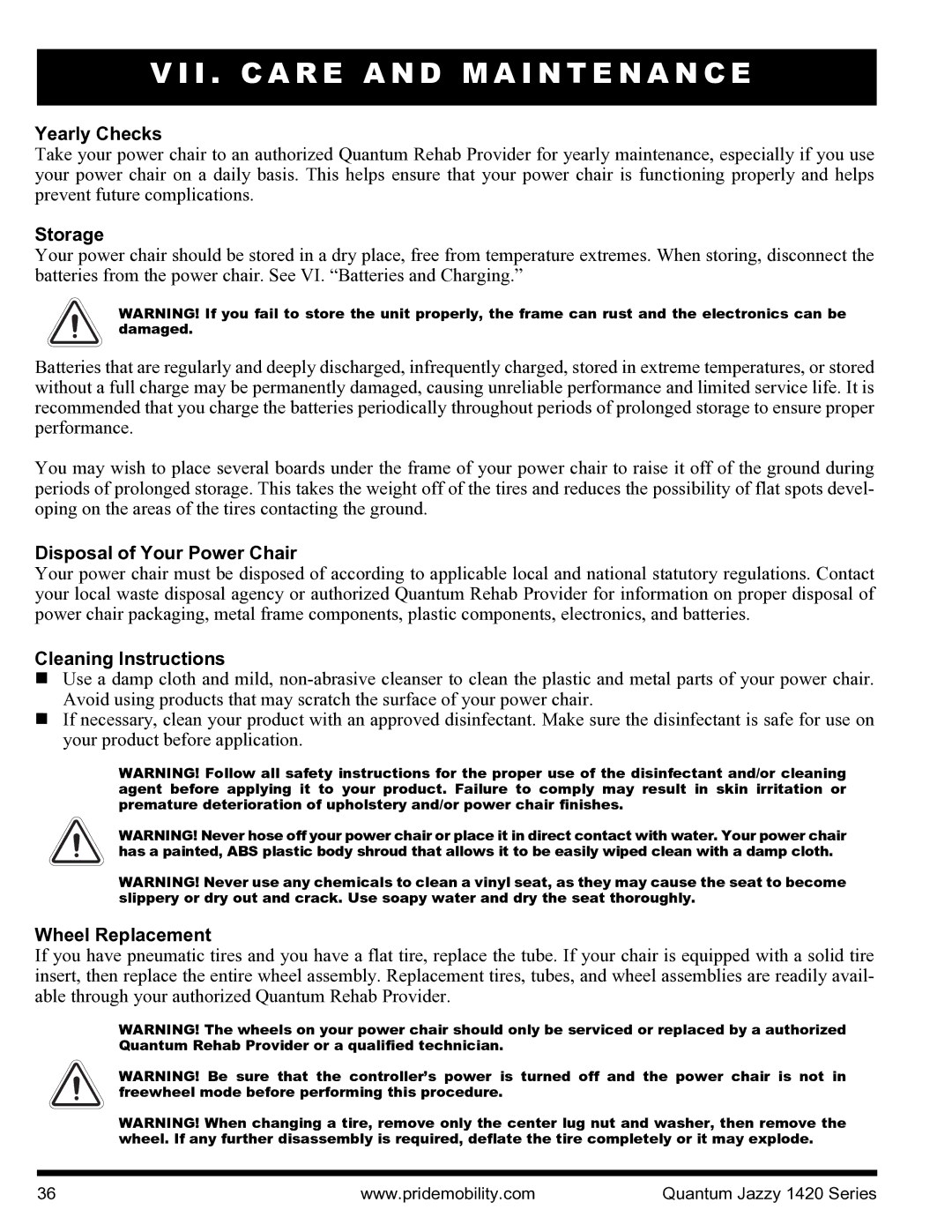 Pride Mobility INFMANU1206 Yearly Checks, Storage, Disposal of Your Power Chair, Cleaning Instructions, Wheel Replacement 