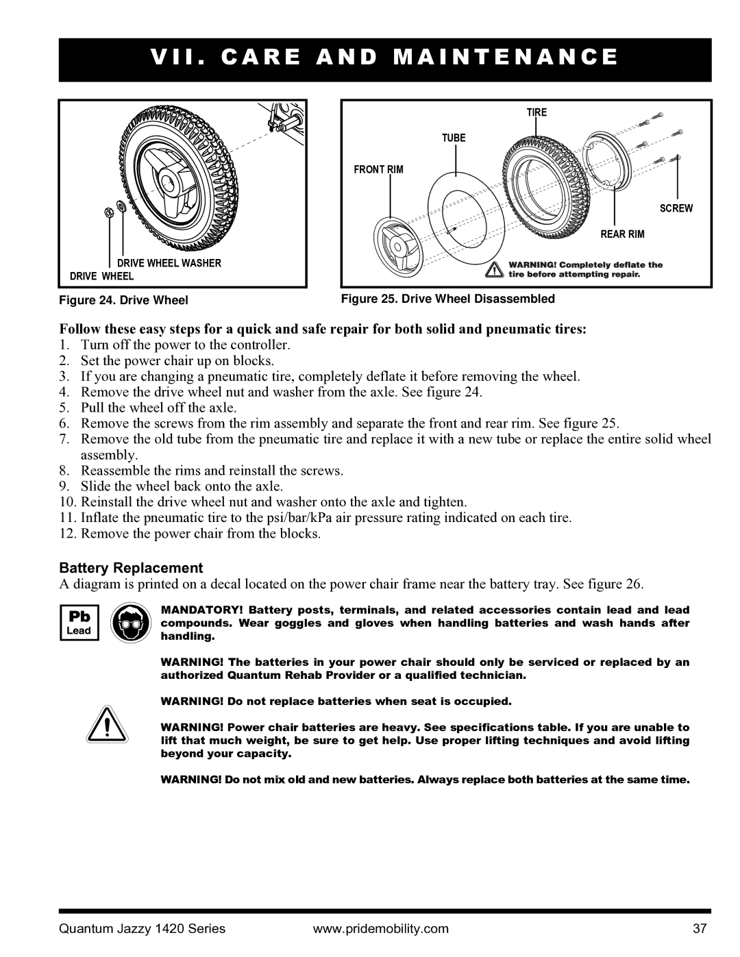 Pride Mobility INFMANU1206 manual Battery Replacement, Drive Wheel 