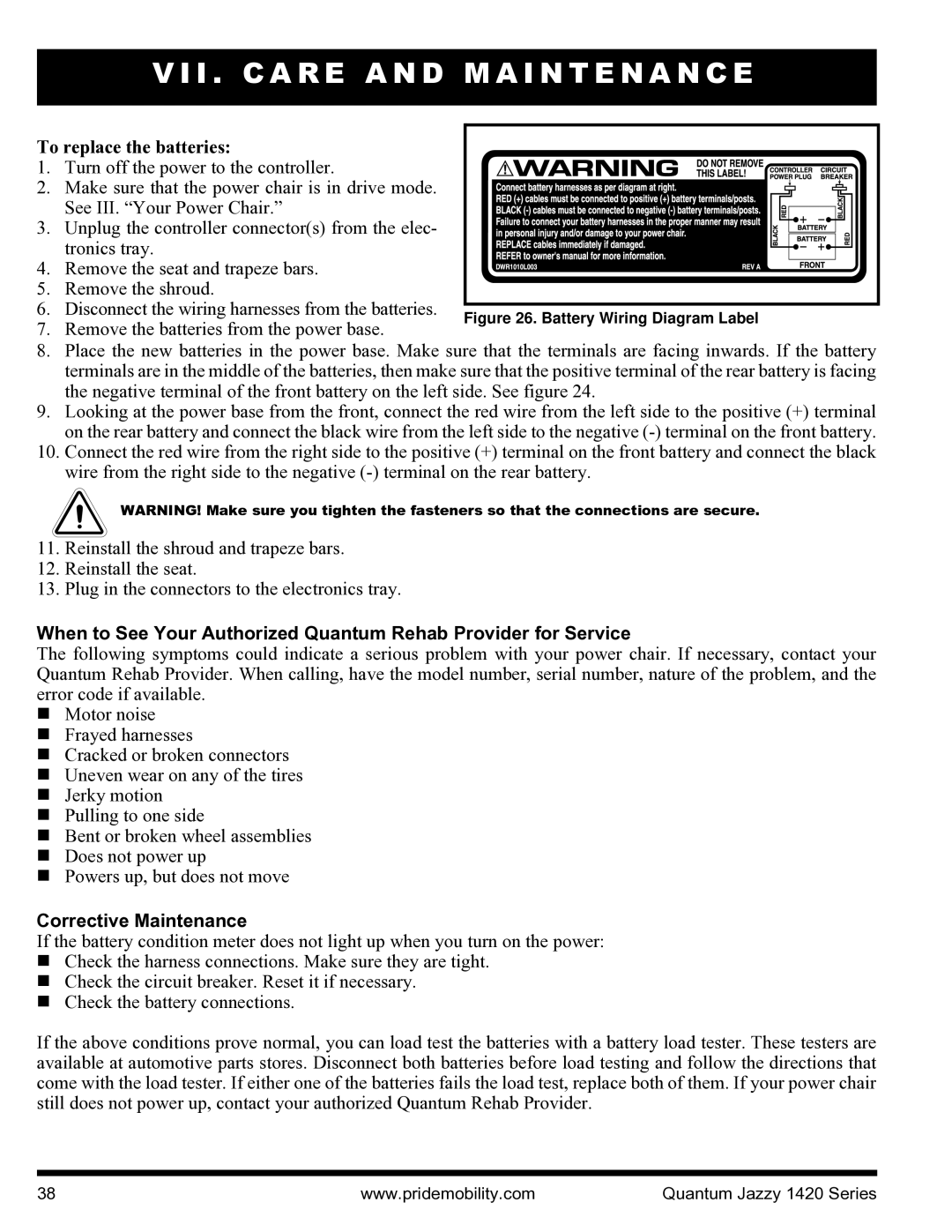 Pride Mobility INFMANU1206 manual To replace the batteries, Corrective Maintenance 