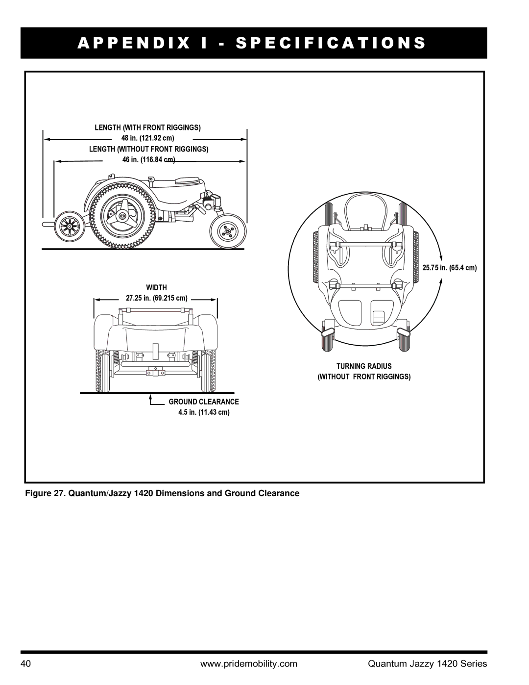 Pride Mobility INFMANU1206 manual Quantum/Jazzy 1420 Dimensions and Ground Clearance 