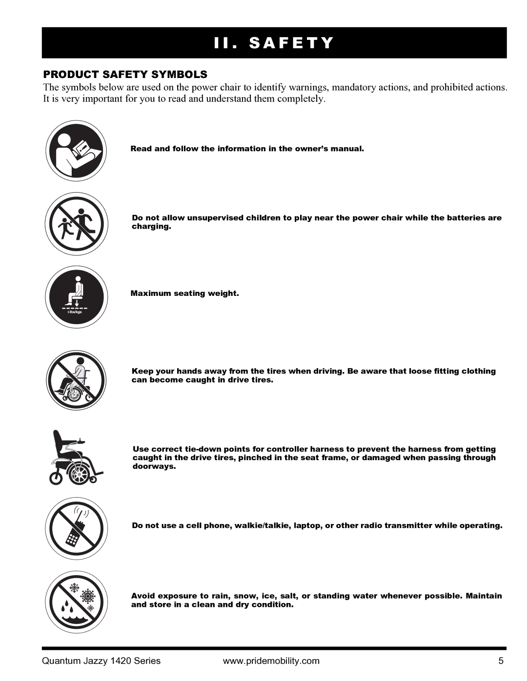 Pride Mobility INFMANU1206 manual S a F E T Y, Product Safety Symbols 