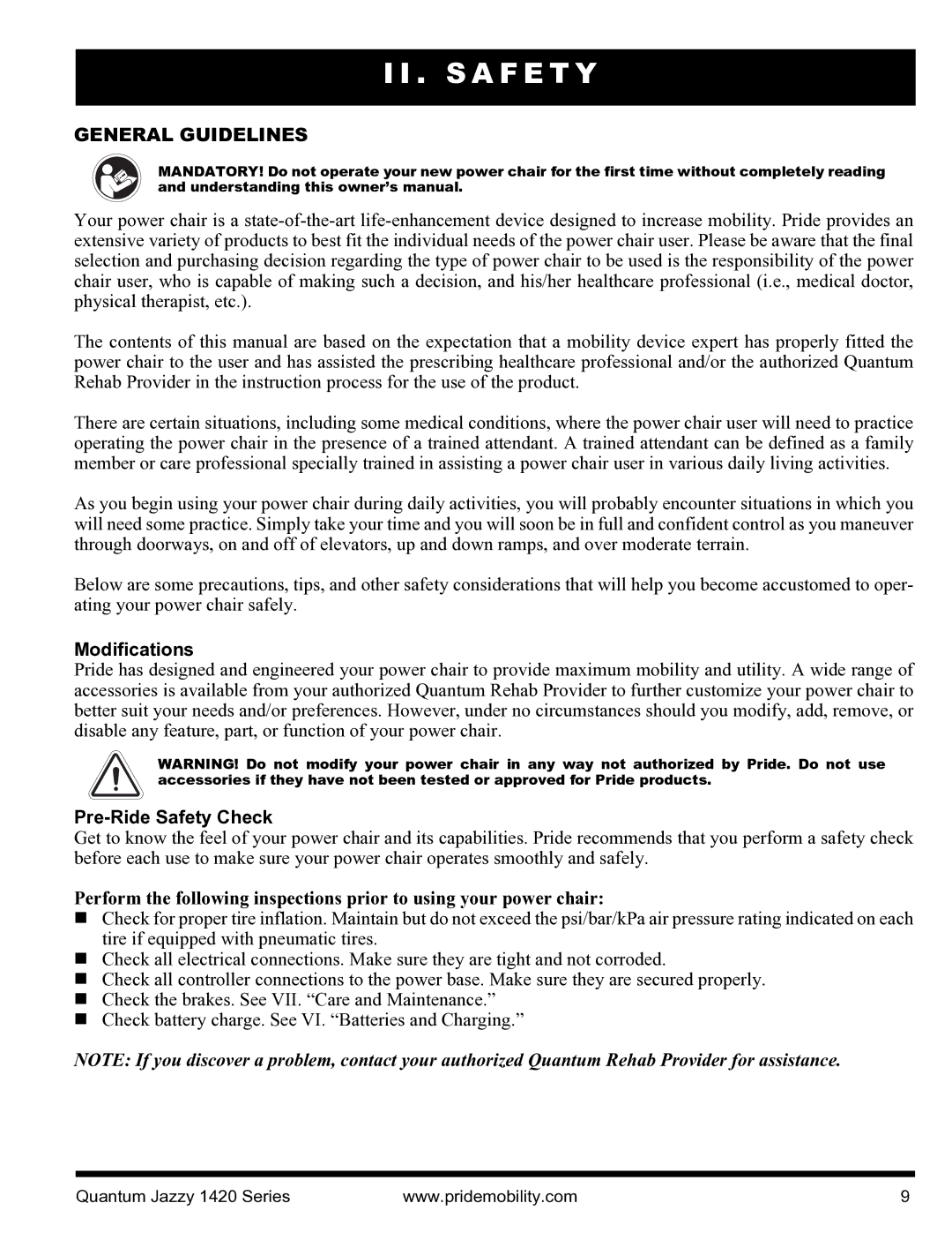 Pride Mobility INFMANU1206 manual General Guidelines, Modifications, Pre-Ride Safety Check 