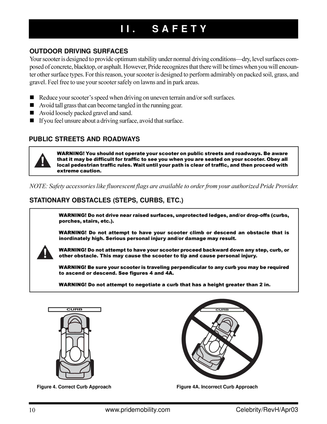 Pride Mobility INFMANU1208 owner manual Outdoor Driving Surfaces, Correct Curb Approach 