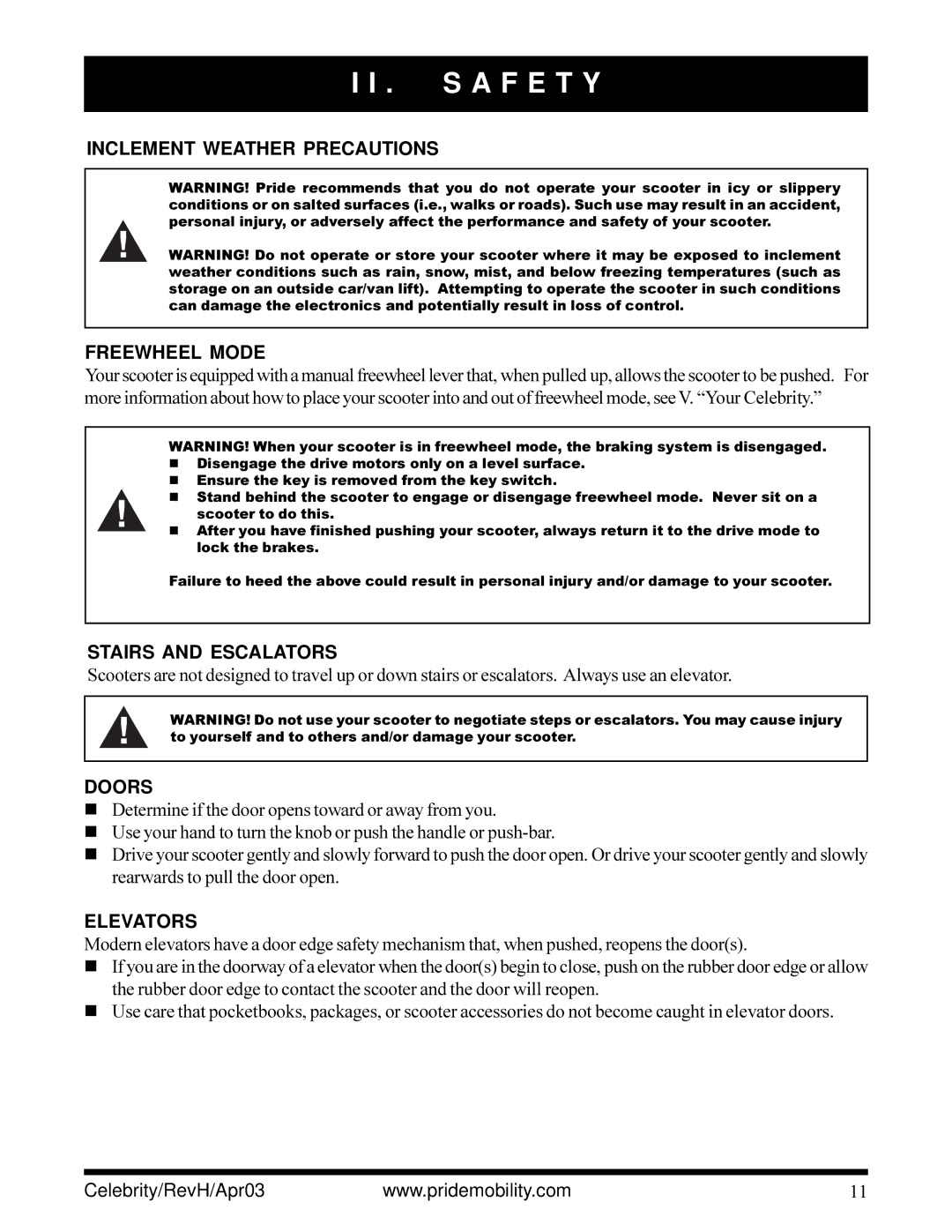 Pride Mobility INFMANU1208 Inclement Weather Precautions Freewheel Mode, Stairs and Escalators, Doors, Elevators 