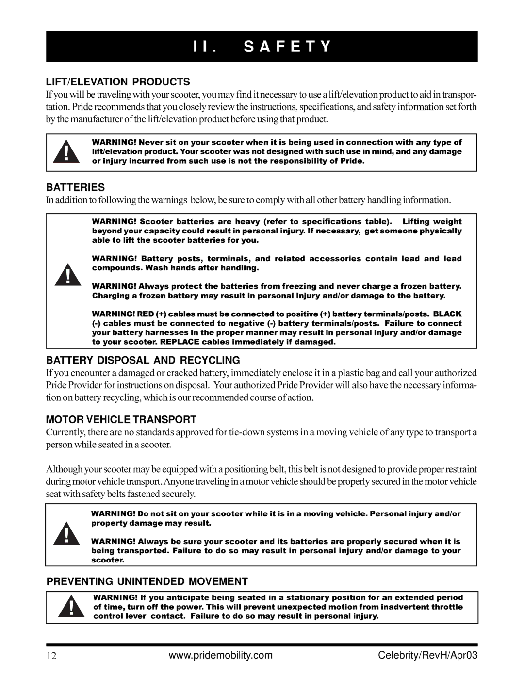 Pride Mobility INFMANU1208 LIFT/ELEVATION Products, Batteries, Battery Disposal and Recycling, Motor Vehicle Transport 