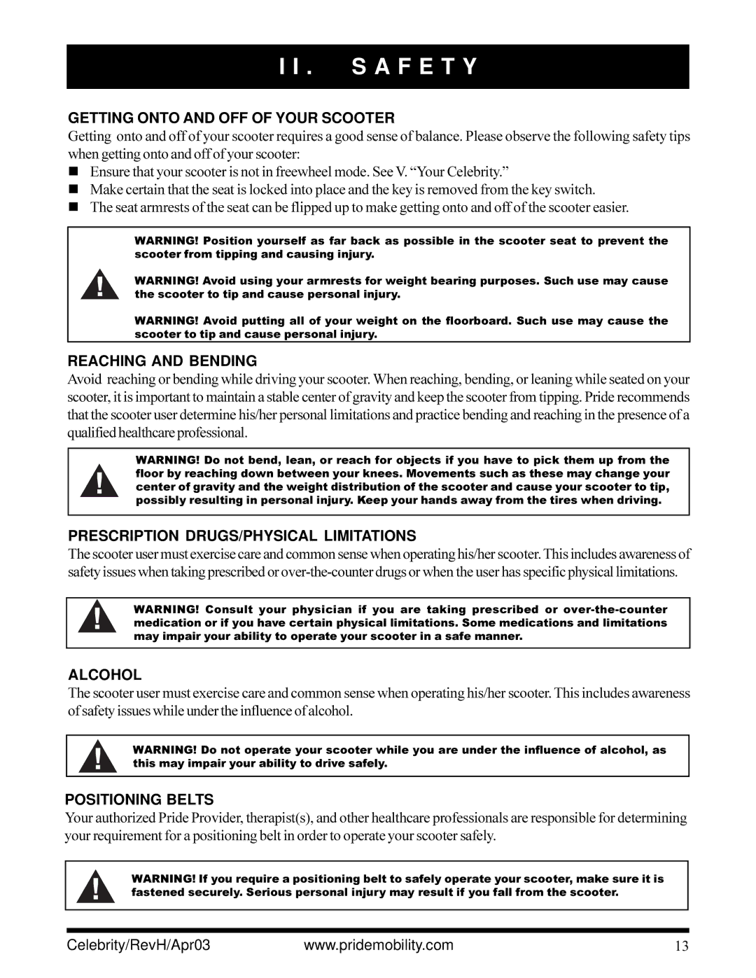 Pride Mobility INFMANU1208 Getting Onto and OFF of Your Scooter, Reaching and Bending, Alcohol, Positioning Belts 