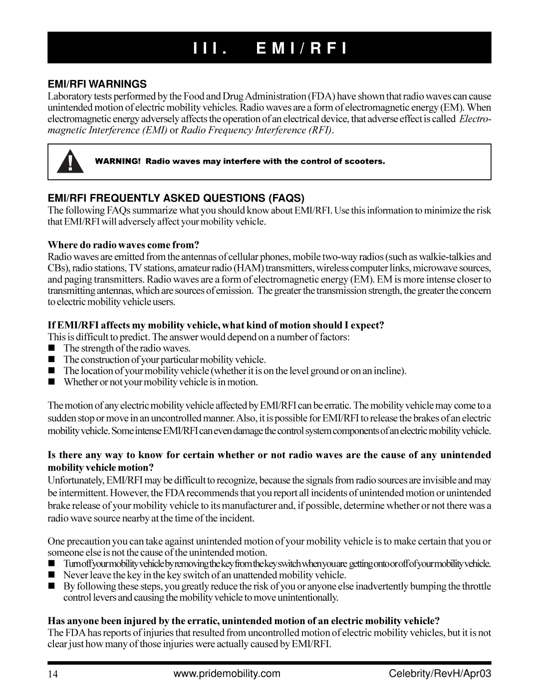 Pride Mobility INFMANU1208 owner manual I . E M I / R F, EMI/RFI Warnings, EMI/RFI Frequently Asked Questions Faqs 