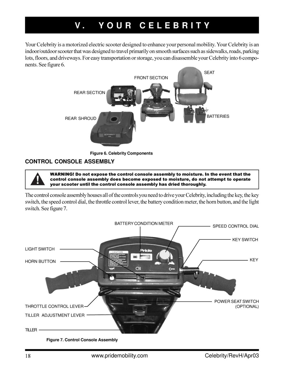 Pride Mobility INFMANU1208 owner manual O U R C E L E B R I T Y, Control Console Assembly 