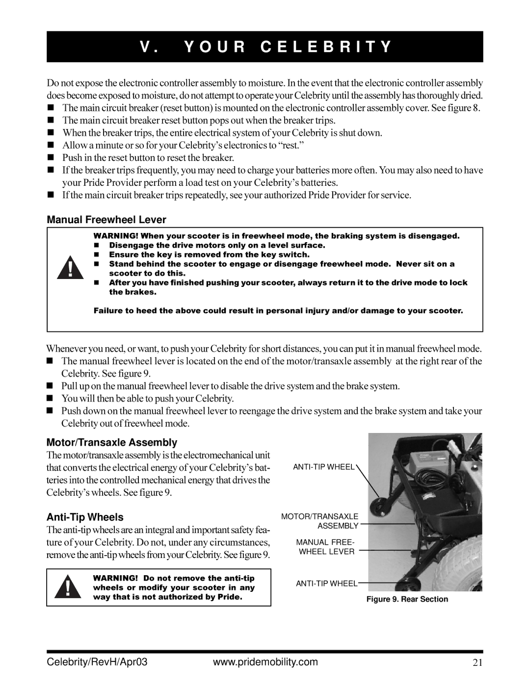 Pride Mobility INFMANU1208 owner manual Manual Freewheel Lever, Motor/Transaxle Assembly, Anti-Tip Wheels 