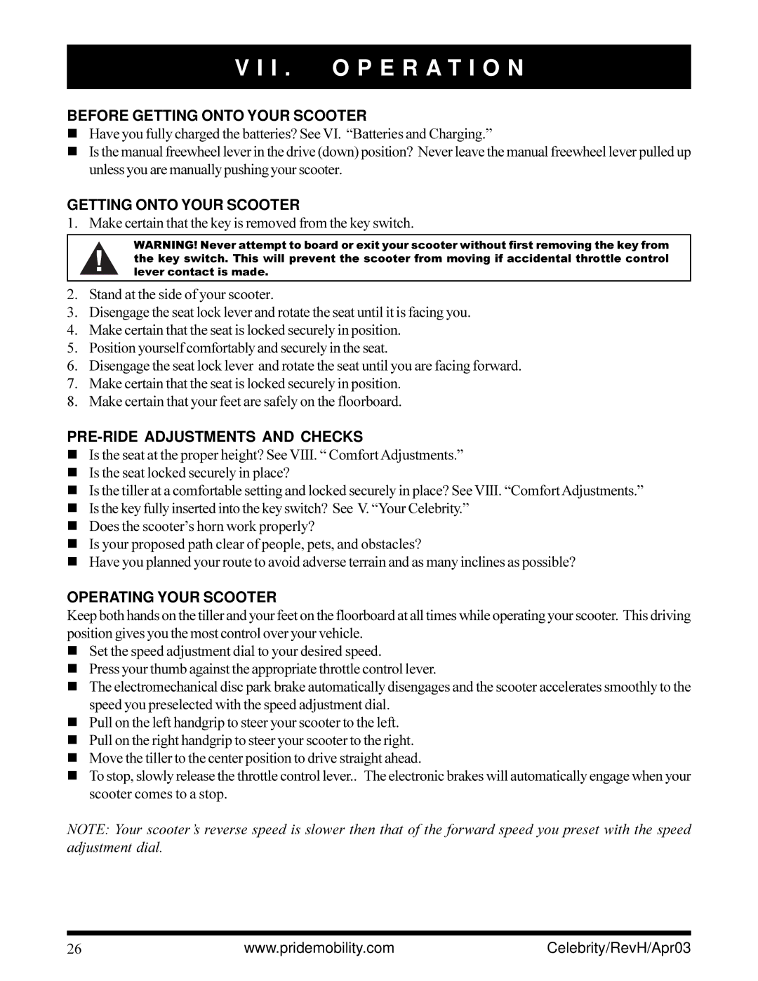 Pride Mobility INFMANU1208 I . O P E R a T I O N, Before Getting Onto Your Scooter, PRE-RIDE Adjustments and Checks 