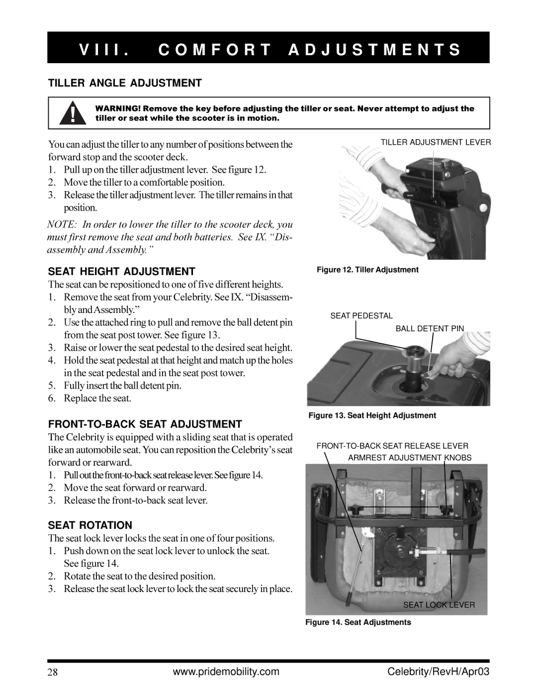 Pride Mobility INFMANU1208 I I . C O M F O R T a D J U S T M E N T S, Tiller Angle Adjustment, Seat Height Adjustment 