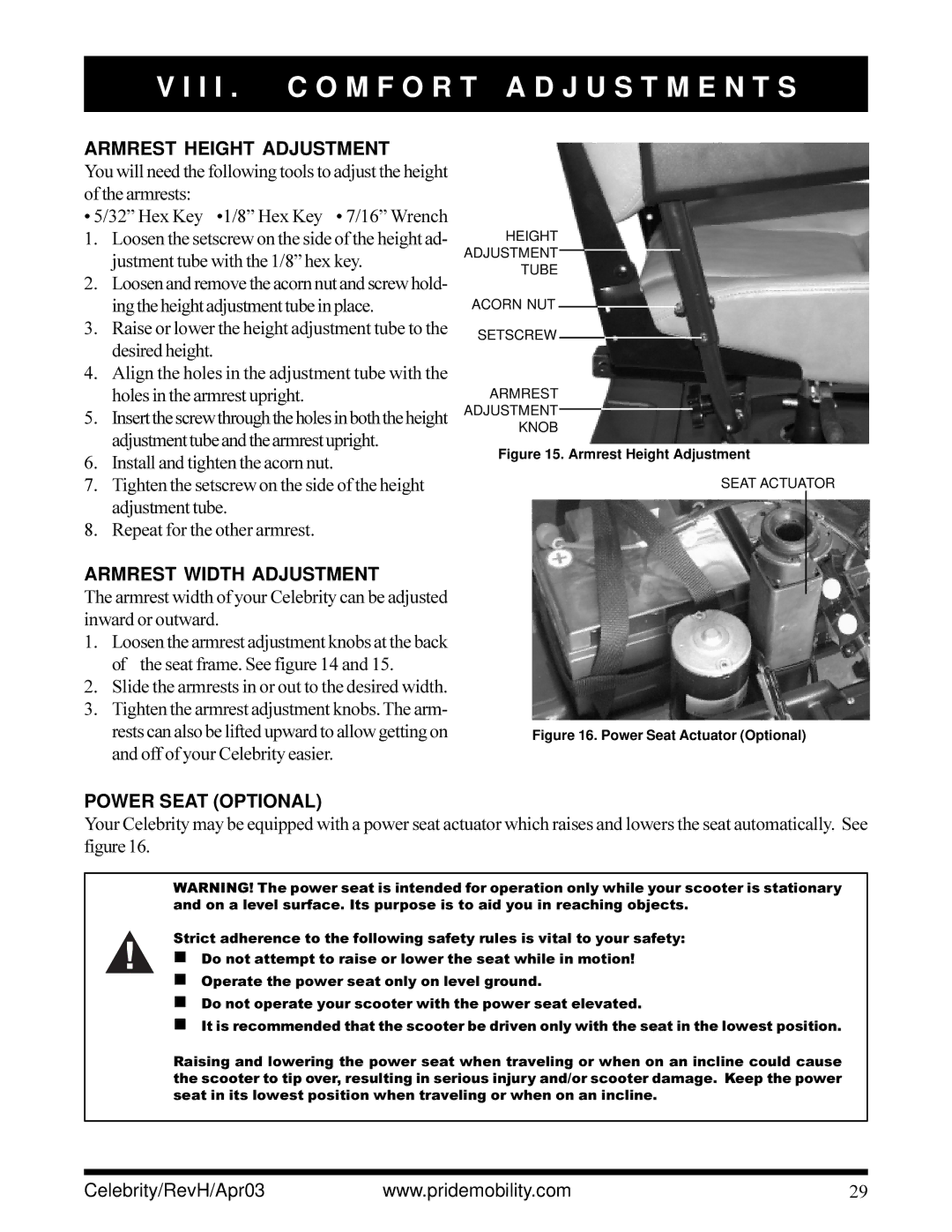 Pride Mobility INFMANU1208 owner manual Armrest Height Adjustment, Armrest Width Adjustment, Power Seat Optional 