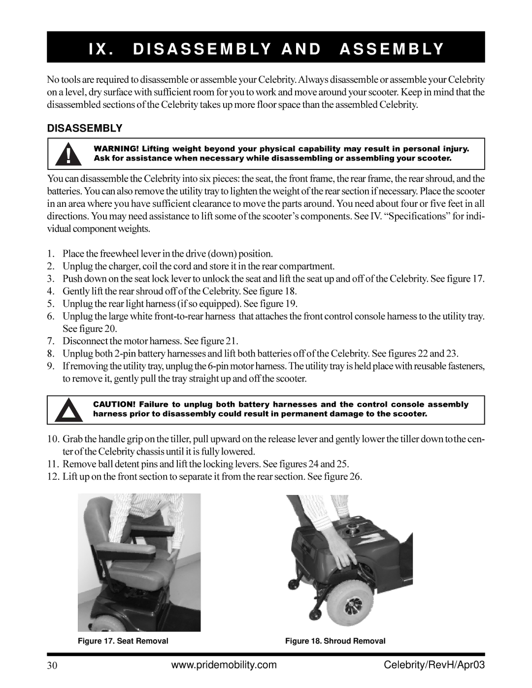 Pride Mobility INFMANU1208 owner manual D I S a S S E M B LY a N D a S S E M B LY, Disassembly 